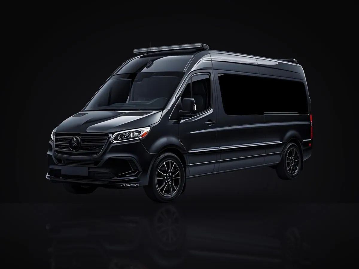 Black Mercedes-Benz Sprinter executive van in a studio