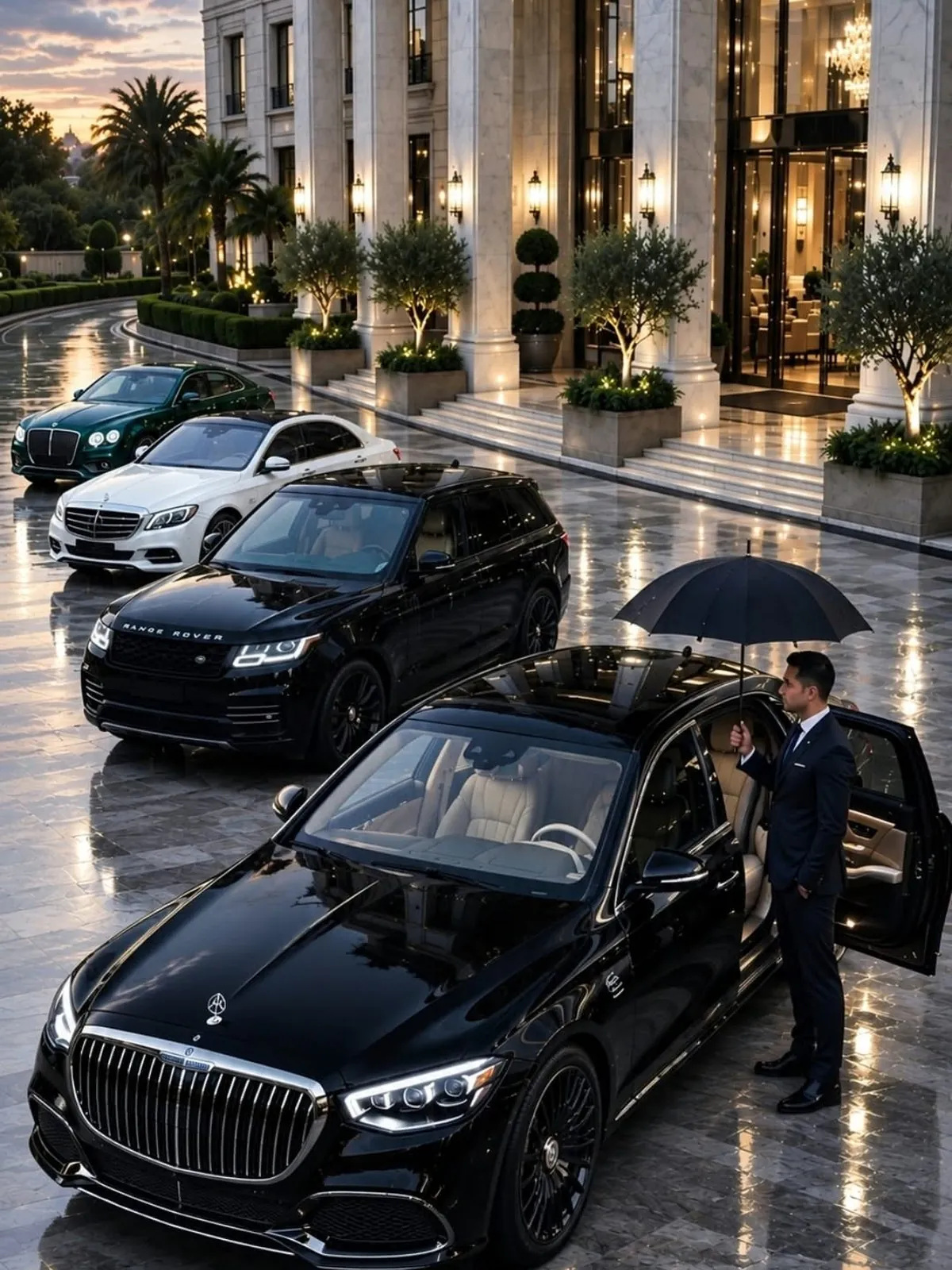 Chauffeur holding an umbrella at the open door of a Mercedes-Maybach